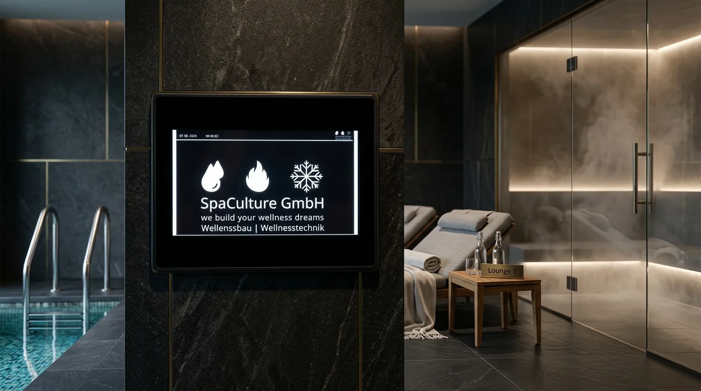 SpaCulture-Steuerungsdisplay an einer Natursteinwand im Spa, daneben Ruheliegen und Dampfbad