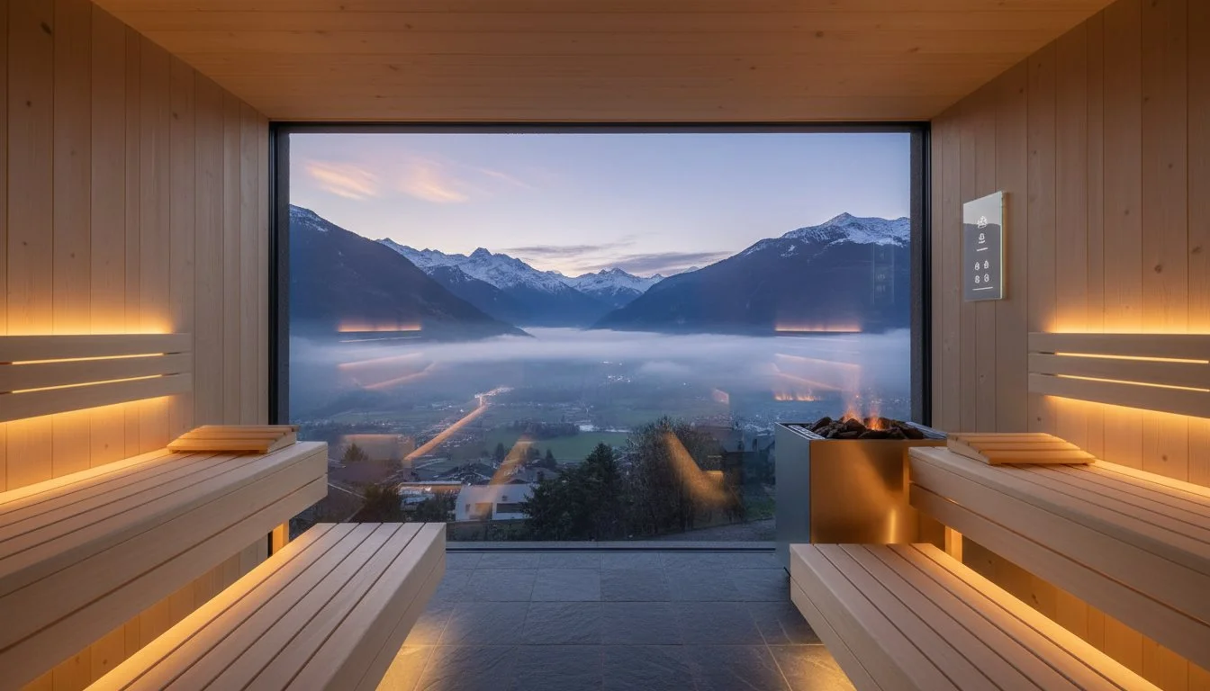 Sauna mit Panoramafenster auf verschneite Berge und Nebel im Tal bei Abenddämmerung