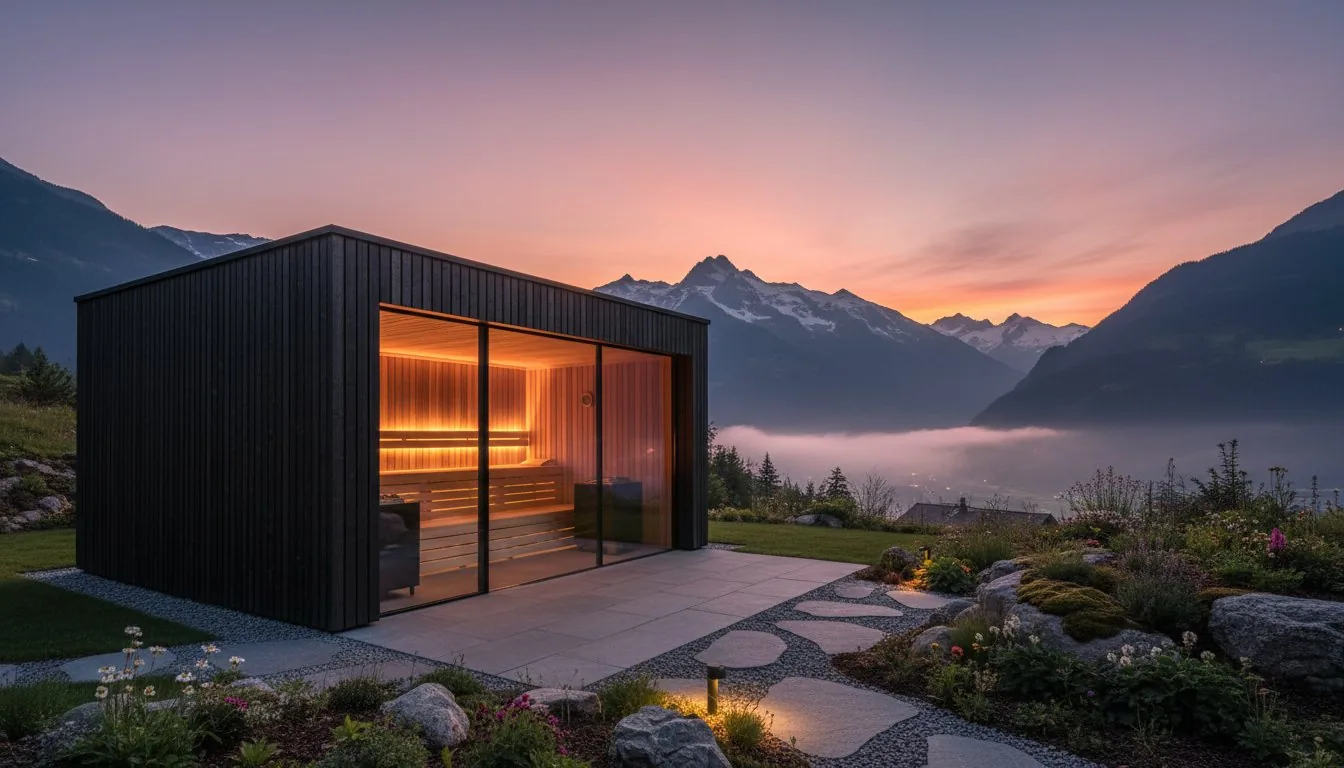 Aussensauna mit dunkler Holzfassade und grosser Glasfront im Abendrot, Nebel im Tal und Berge im Hintergrund