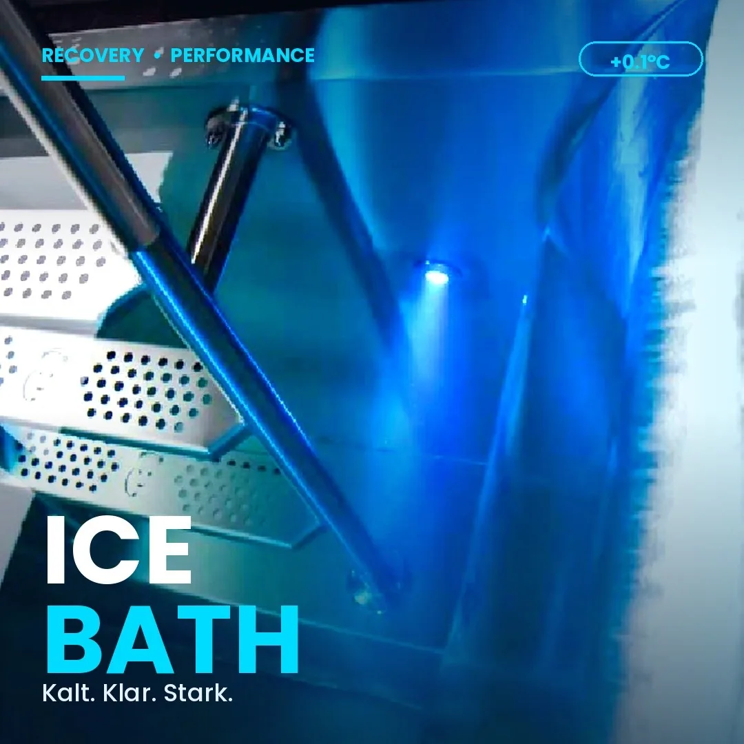 Eisbad IPX mit Edelstahl-Einstiegsleiter und blauer LED-Beleuchtung – Ice Bath, Kalt. Klar. Stark.