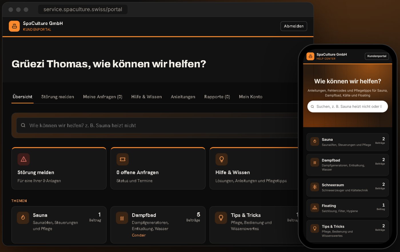SpaCulture Kundenportal auf Computer und Handy: Übersicht mit Störung melden, offenen Anfragen, Hilfe und Wissen sowie Help Center mit Themen zu Sauna, Dampfbad, Schneeraum und Floating