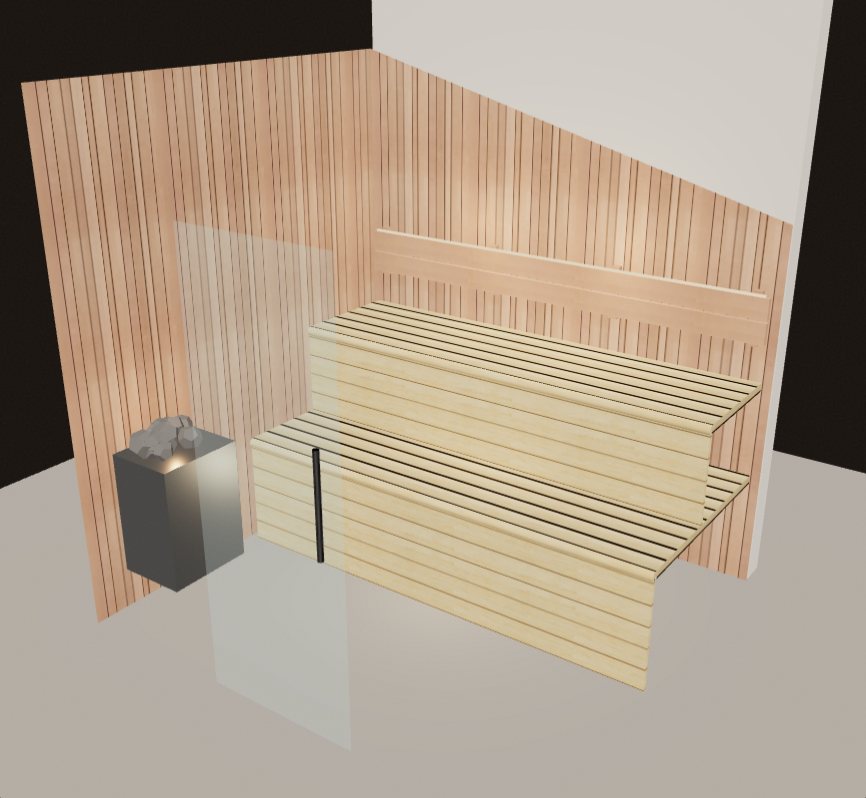 3D-Ansicht einer im Saunaplaner geplanten Sauna unter der Dachschräge, mit Hemlock-Wänden, zwei Bankreihen und Rückenlehne